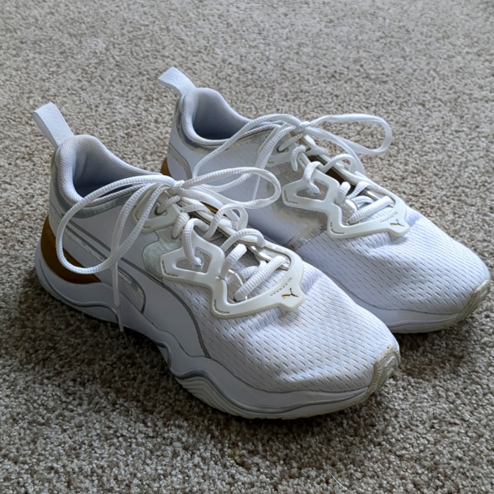 Puma White and Gold Activewear Sneakers Size 8.5